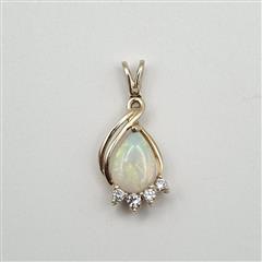 14K Yellow Gold Elegant Pear Cabochon Opal & Diamond Accent Teardrop Pendant